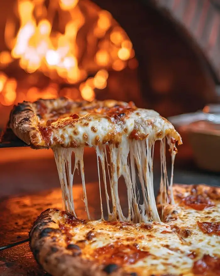 Rozciągnięty ser na kawałku pizzy