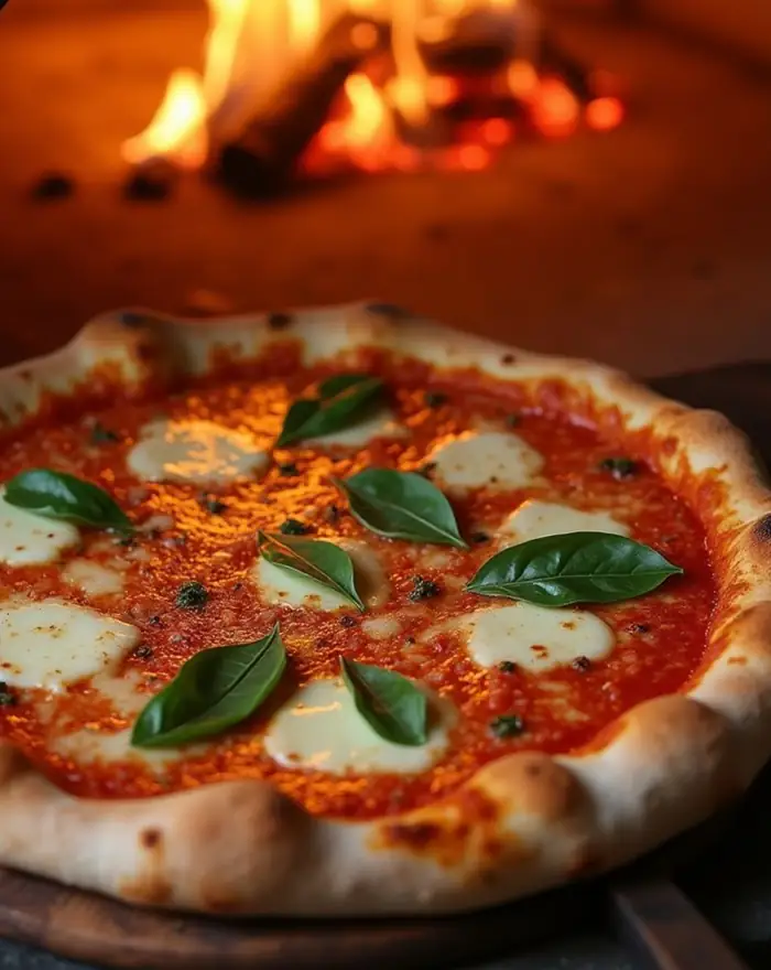 Pizza przed wylotem pieca opalanego drewnem