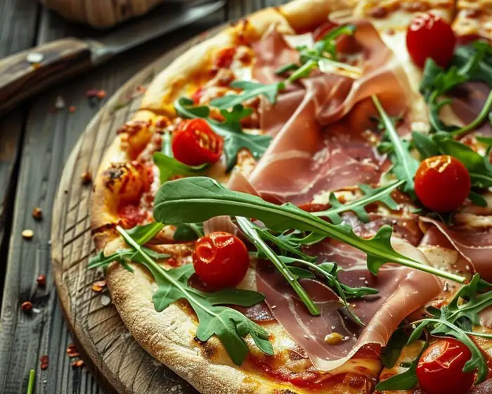 Prosciutto e rucola na drewnianej desce
